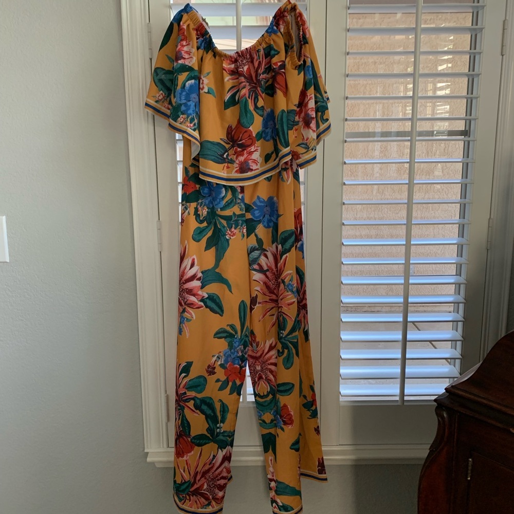 Yellow Floral Print Off-the-Shoulder Jumpsuit